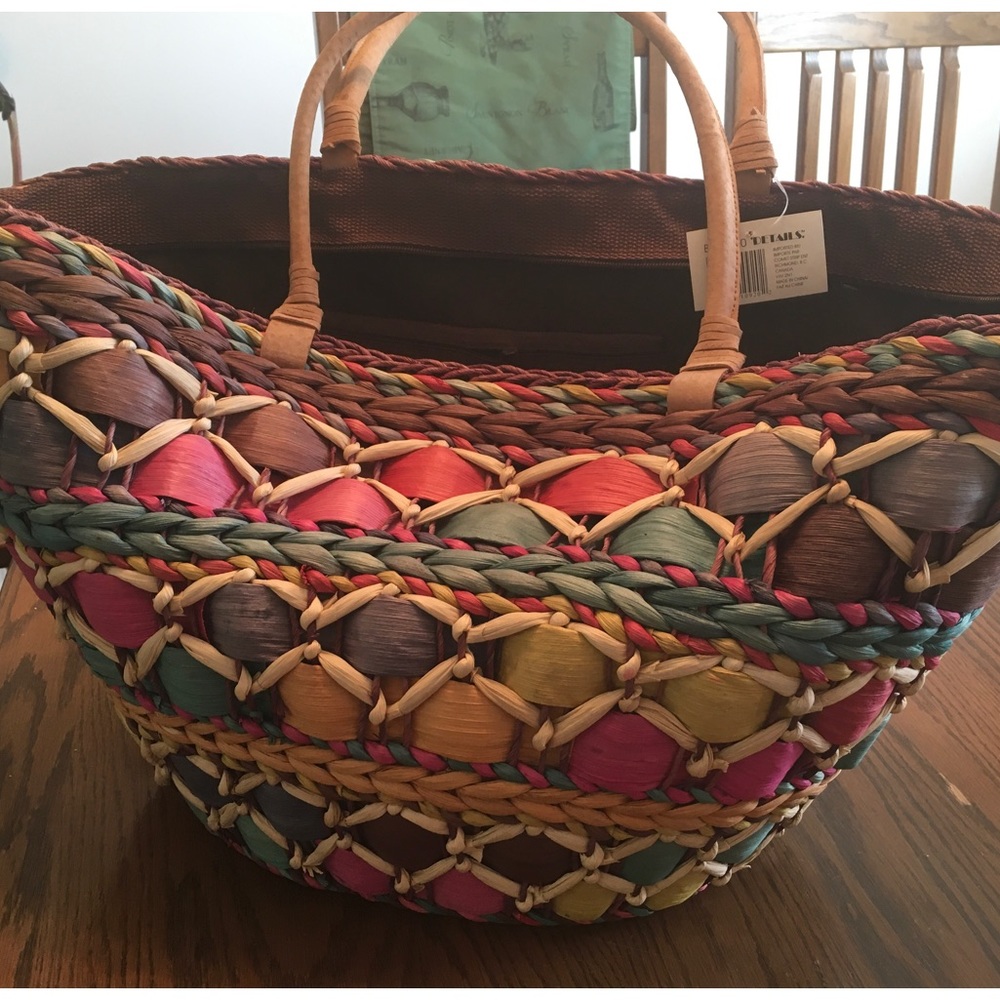 Hand woven straw beach bag.